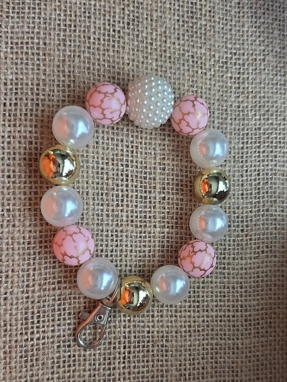 Pink Pearl Beaded Stretch Keychain Bracelet with Gold Accents
